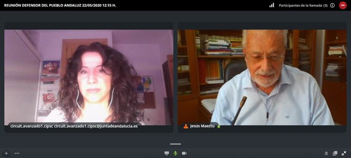 Imagen de la videoconferencia que han mantenido la consejera de Igualdad, Rocío Ruiz, y el Defensor del Pueblo andaluz, Jesús Maeztú.  