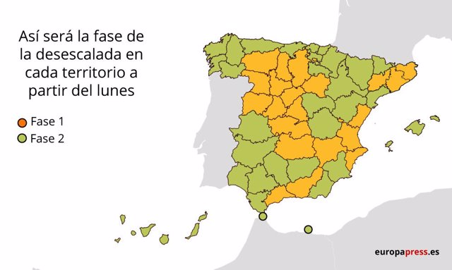 Mapa con las provincias que pasan de fase el lunes