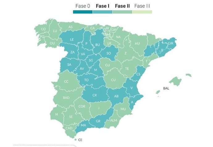 Evolución de fase de las CCAA en la desescalada.