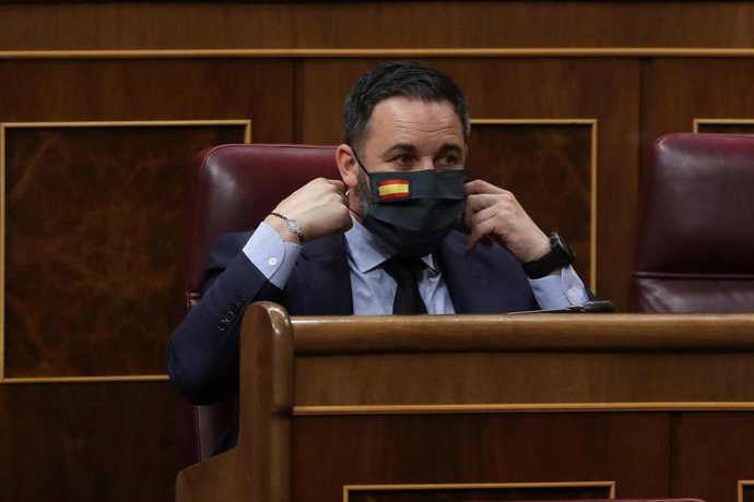 El líder de Vox, Santiago Abascal, durante el debate este miércoles en el Congreso de la quinta prórroga del estado de alarma.