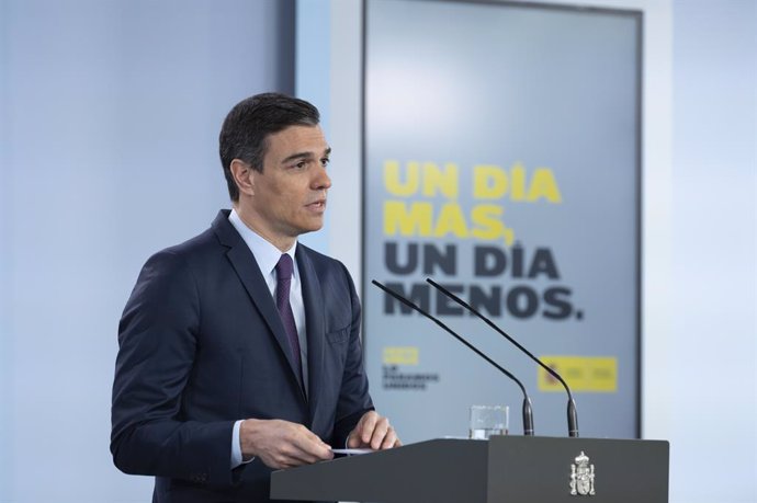 El president del Govern, Pedro Sánchez, compareix en una roda de premsa telemtica en  el Palau de la Moncloa. A Madrid, (Espanya), a 16 de maig de 2020.