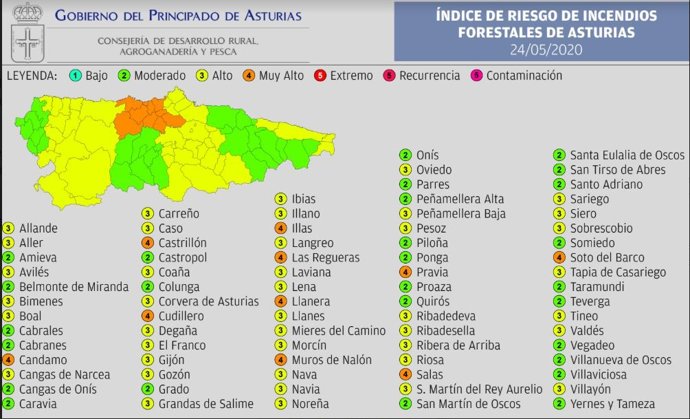 Indice de riesgo de incendio forestal en Asturias según el Indurot para este domingo 24 de mayo.