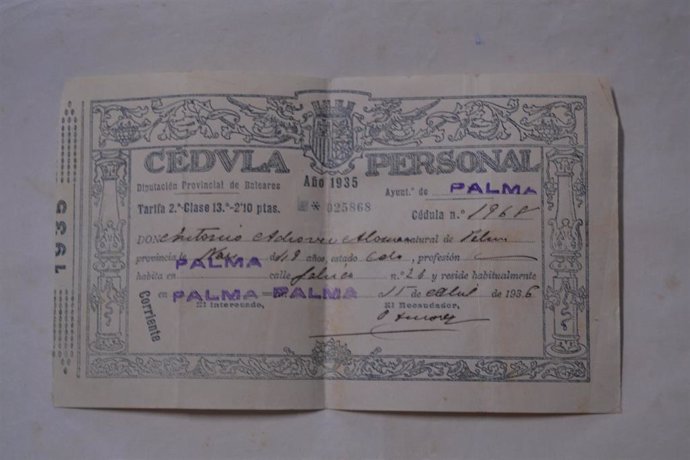 Cédula personal recogida en el archivo digital de Memria de Mallorca.