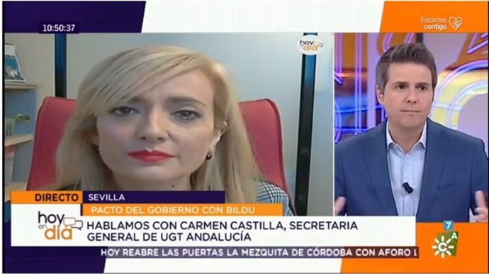 Imagen de la entrevista en Canal Sur Televisión a la secretaria general de UGT-A, Carmen Castilla. 