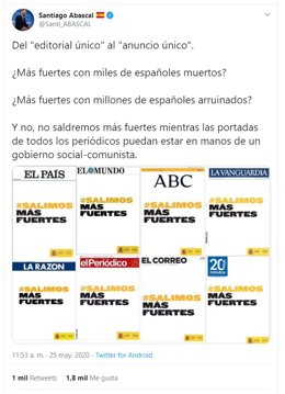 Abascal critica la campaña #Salimosmásfuertes