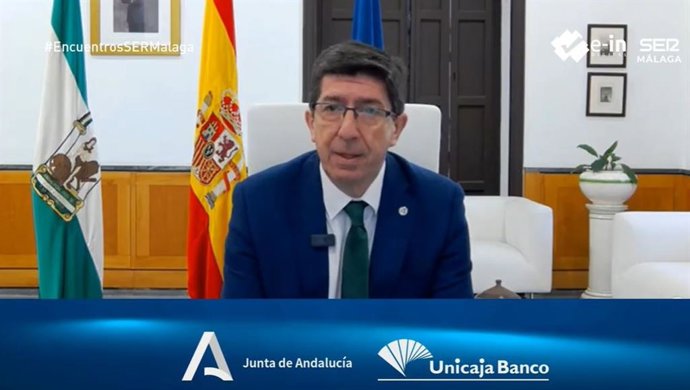Juan Marín, vicepresidente de la Junta de Andalucía, en un encuentro online sobre el turismo en la provincia de Málaga organizado por SER Málaga