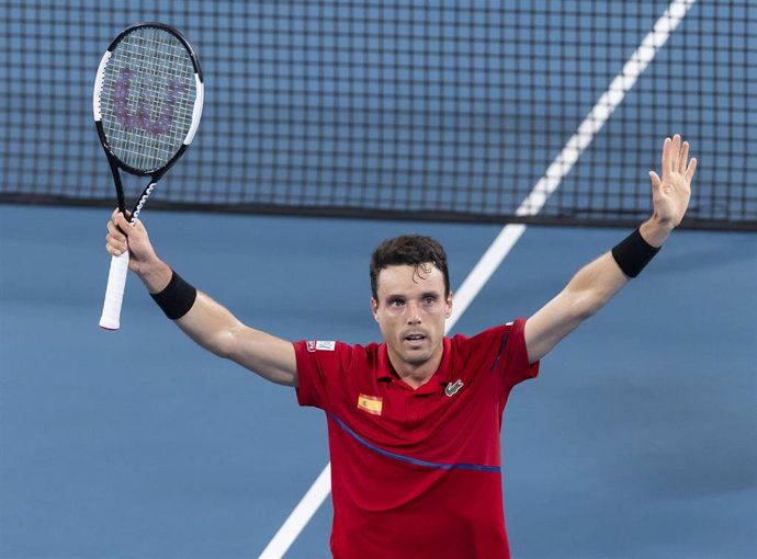 Roberto Bautista Agut of Spain celebrates after his win over Dusan Lajovic of Serbia during the final on day 10 of the ATP Cup tennis tournament at Ken Rosewall Arena in Sydney, Sunday, January 12, 2020