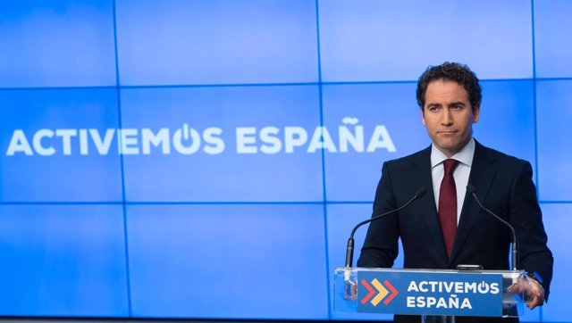 El secretario general del PP, Teodoro García Egea, ofrece una rueda de prensa por vía telemática en la sede nacional del PP. En Madrid, a 18 de mayo de 2020.