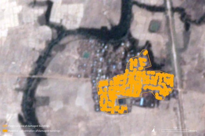 Edificios destruidos en la localidad birmana de Let Kar (marcados en naranja)