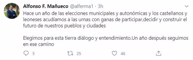 Tuit del presidente de la Junta de Castilla y León, Alfonso Fernández Mañueco, el día en el que se cumple un año de las Elecciones Municipales de 2019.