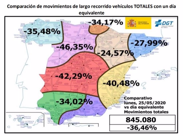 Mapa de España con intensidades de tráfico del lunes 25 de mayo, día de cambio de fase en muchas provincias
