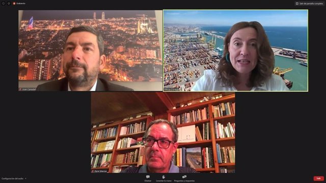 El presidente de la Cámara de Barcelona, Joan Canadell; la presidenta del Puerto de Barcelona, Merc Conesa, y el presidente del Cercle d'Infraestructuras, Pere Macias.