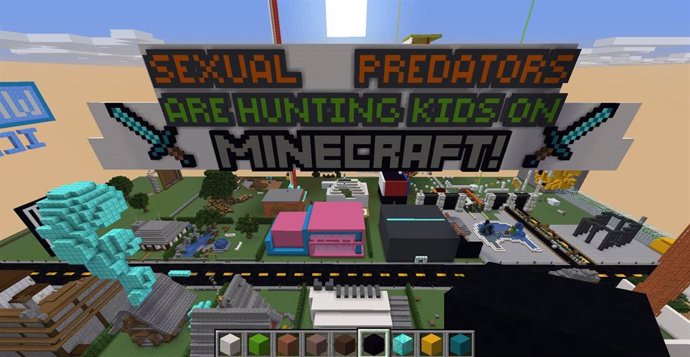 Pancarta contra los depredadores sexuales de menores en Minecraft.