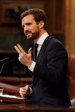 El líder del PP, Pablo Casado, intervé en el ple del Congrés sobre la cinquena prrroga de l'estat d'alarma, Madrid (Espanya), 20 de maig del 2020.