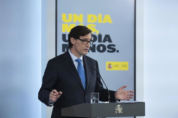 El ministro de Sanidad, Salvador Illa, durante la rueda de prensa posterior al Consejo de Ministros celebrado en Moncloa el día 66 del estado de alarma. En Madrid (España), a 19 de mayo de 2020.