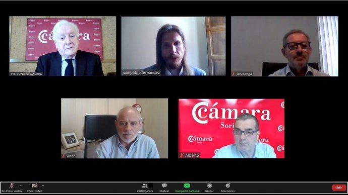 Reunión telemática entre representantes del Consejo Regional de Cámaras de Comercio y el secretario general de Podemos en CyL, Pablo Fernández.