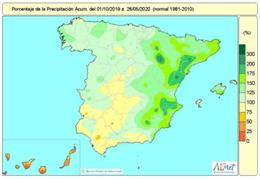 Lluvias acumuladas en el conjunto de España desde el 1 de octubre de 2019 hasta el 26 de mayo de 2020.