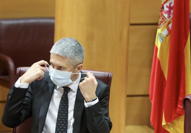 El ministro de Interior, Fernando Grande-Marlaska, se coloca la mascarilla durante su comparecencia ante la Comisión de Interior en el Senado