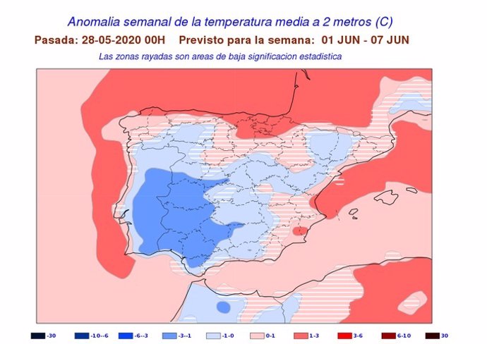 Mapa elaborado por la Aemet sobre la previsión de temperaturas para la primera semana del mes de junio