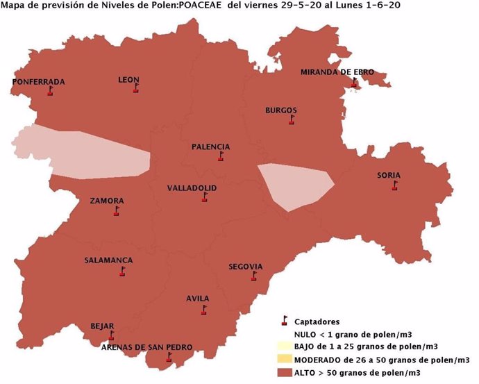 Imagen del Portal de Salud de Castilla y León en el que se muestran los niveles de polen de gramíneas.