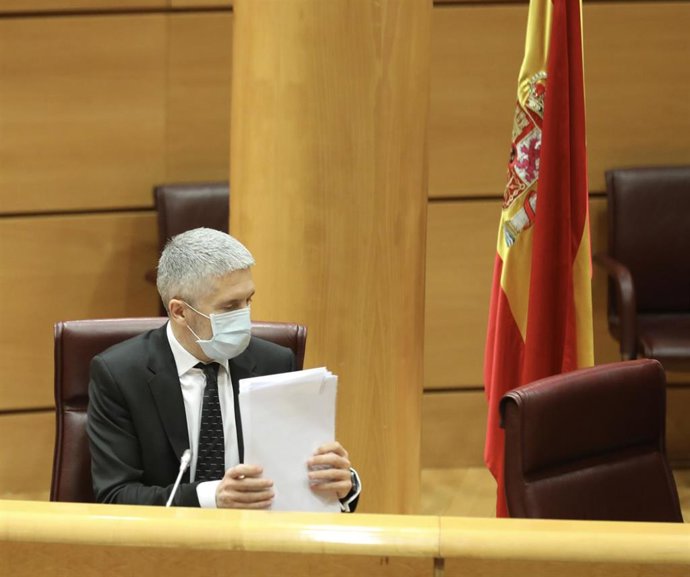 El ministro de Interior, Fernando Grande-Marlaska, ordena unos papeles durante su comparecencia ante la Comisión de Interior en el Senado para informar sobre las líneas generales de la política de su Departamento, en Madrid (España), a 29 de mayo de 202