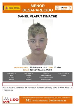 Imagen de un menor de 15 años desaparecido en Torrejón de Ardoz.