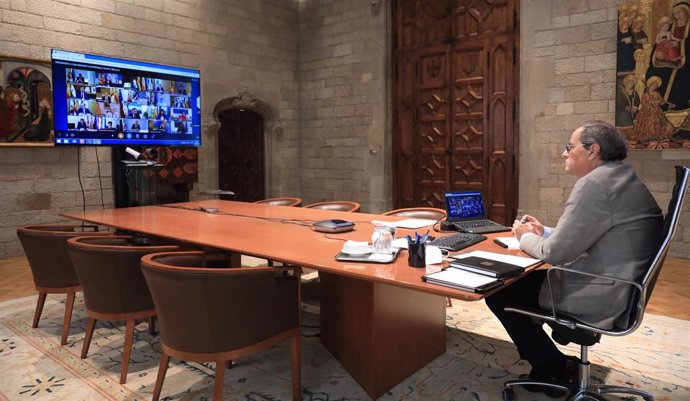 El presidente de la Generalitat, Quim Torra, en la 12 reunión telemática de presidentes autonómicos por el coronavirus con el presidente del Gobierno, Pedro Sánchez, a 31 de mayo de 2020.