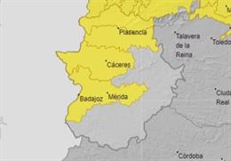 Zonas afectadas por las tormentas este domingo en Extremadura.