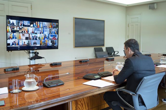 El presidente del Gobierno, Pedro Sánchez, se reúne con los presidentes autonómicos por videconferencia, en Madrid (España) a 31 de mayo de 2020.