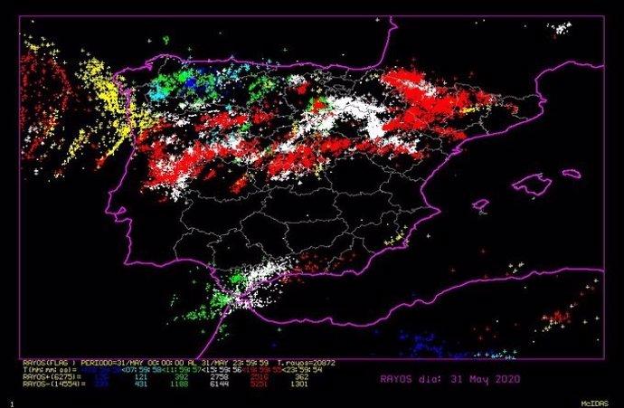 Mapa de rayos registrados en España el 31 de mayo.