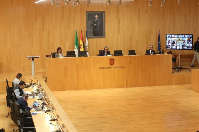 Pleno de la Diputación de Málaga con varios integrantes del Gobierno provincial asistiendo al salón de plenos y otros de manera telemática