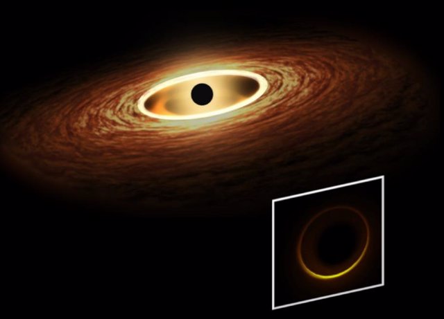 Recreación e imagen de anillo en torno a un agujero negro