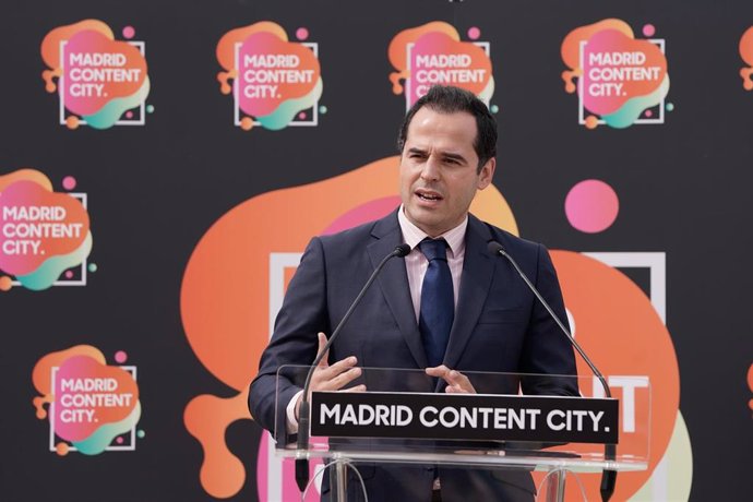El vicepresidente de la Comunidad de Madrid, Ignacio Aguado, durante el acto de colocación de la primera piedra de ls fases II y III del hub de producción audiovisual Madrid Content City.