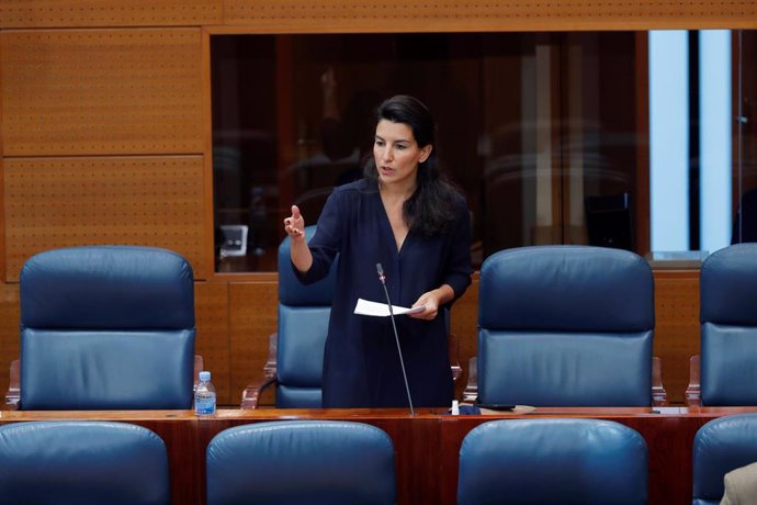 La portavoz de Vox, Rocío Monasterio, durante su intervención en el pleno celebrado este jueves en la Asamblea de Madrid, en Madrid (España), a 28 de mayo de 2020.