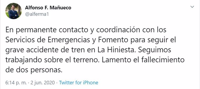 Tuit del presidente de la Junta a propósito del accidente de La Hiniesta (Zamora).