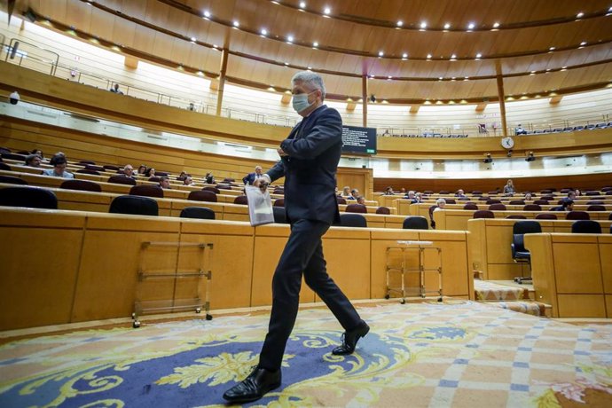 El ministro del Interior, Fernando Grande-Marlaska, a su salida del pleno en el Senado