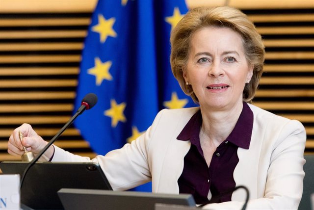HANDOUT - 03 June 2020, Belgium, Brussels: European Commission President Ursula von der Leyen holds the weekly commissioners meeting. Photo: Etienne Ansotte/European Commission/dpa - ATTENTION: editorial use only and only if the credit mentioned above is 