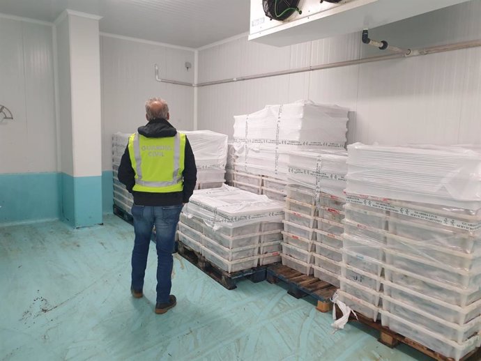 Intervenidos más de 4.900 kilos de jurel en 43 cajas sin identificación en el Puerto de Ribeira (A Coruña).