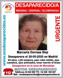 Cartel que denunciaba la desaparición de una mujer de 92 años en Moratalaz, cuyo cadáver fue hallado posteriormente.