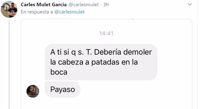 Mensaje amenazante recibido por Carles Mulet