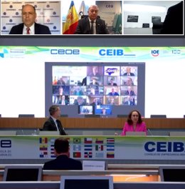 Imatge de la reunió telemtica que han mantingut el rei Felipe VI amb la secretria general iberoamericana, Rebeca Grynspan, i representants de les organitzacions empresarials iberoamericanes.