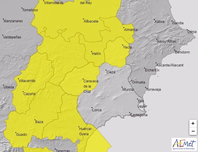 Imagen de las comarcas afectadas por los avisos meteorológicos