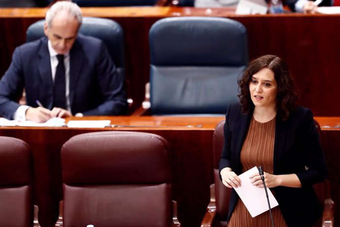 La presidenta de la Comunidad de Madrid, Isabel Díaz Ayuso, durante su intervención en la Asamblea de Madrid