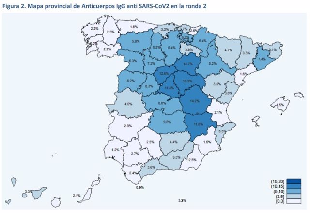 Mapa por provincias con los datos de la segunda oleada del estudio de seroprevalencia del COVID-19.