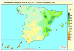 Mapa de lluvias acumuladas en España desde el 1 de octubre de 2019 hasta el 2 de junio de 2020.