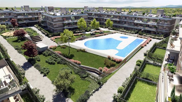 Panorámica de cómo será la promoción Escalonia III de Aedas Homes en Las Rozas, de consumo casi nulo