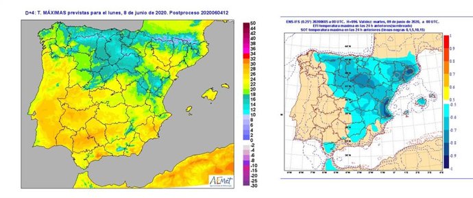 Mapa elaborado por la Aemet sobre la previsión de temperaturas en CyL hasta el martes día 9 de junio