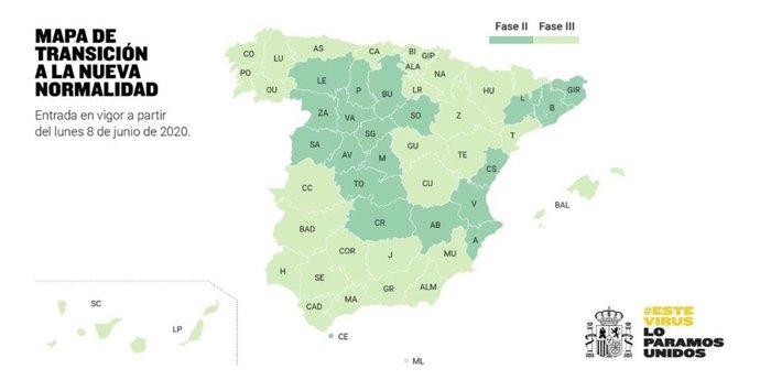 Mapa con los cambios de fase autorizados este viernes por el Gobierno a partir del próximo lunes en todas las Comunidades autónomas españolas.