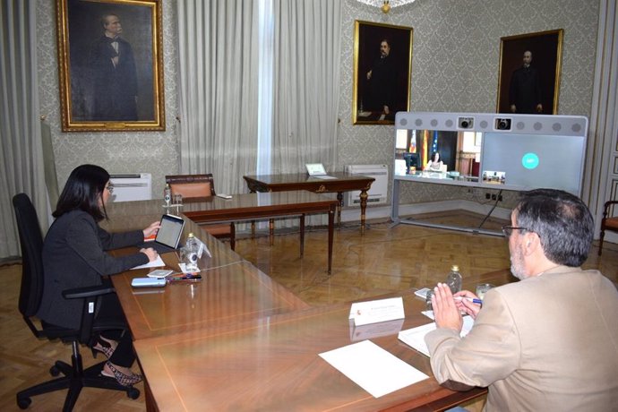 La ministra de Política Territorial y Función Pública, Carolina Darias, en una reunión por videoconferencia con la consellera de Administraciones Públicas, Isabel Castro
