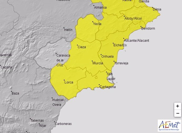Mapa de la alerta amarilla por lluvias de este lunes
